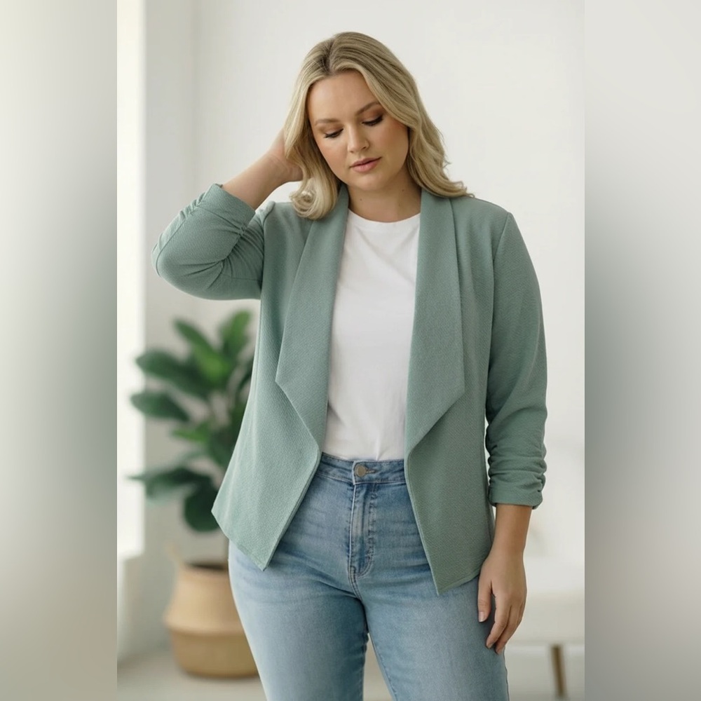 C36 And The Why PLUS Open Front Ruched 3/4 Sleeve Casual Blazer